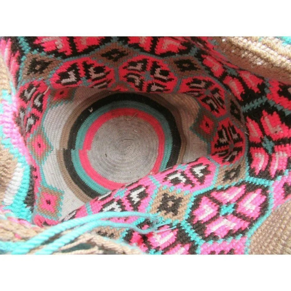 Wayúu Mochila Bag Purse Handbag Bucket Shoulder Straps Colombian Pink Teal Woven - Picture 6 of 8
